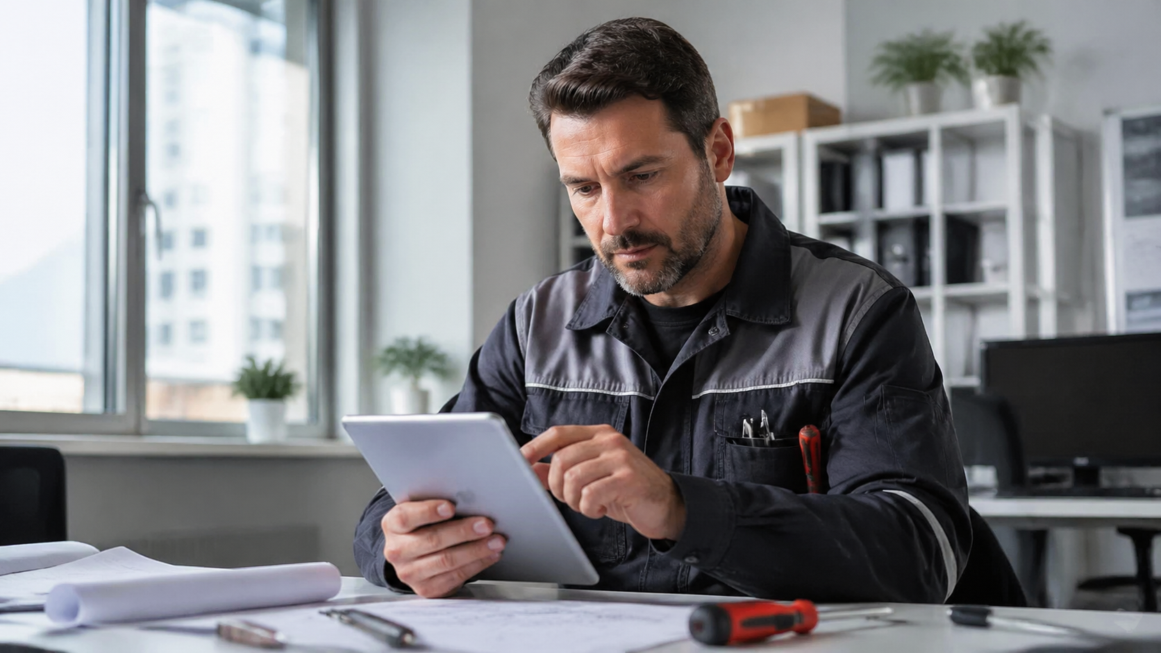 Artisan électricien vérifiant ses statistiques Google Ads sur tablette